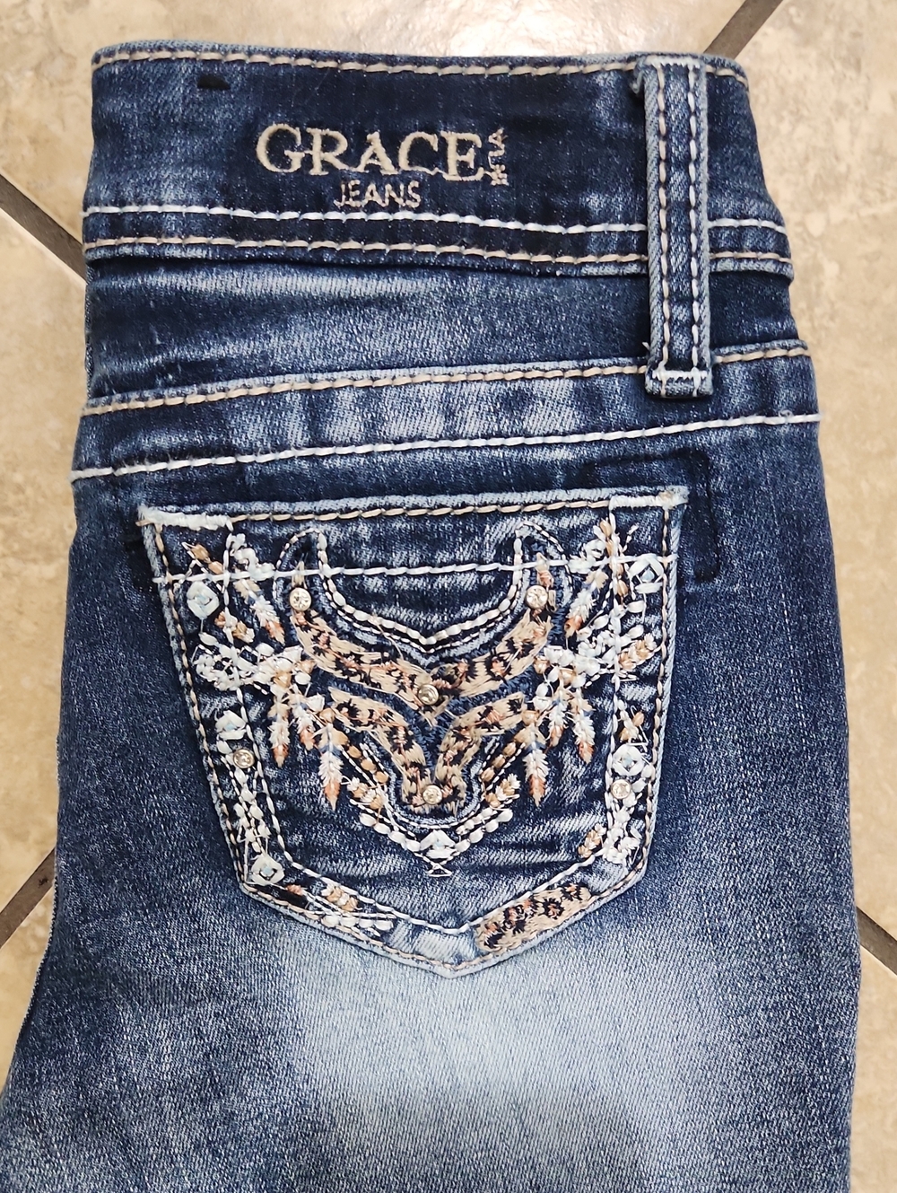 Grace Blue Little Girls Denim Bootcut Jeans with Embroidered Pocket